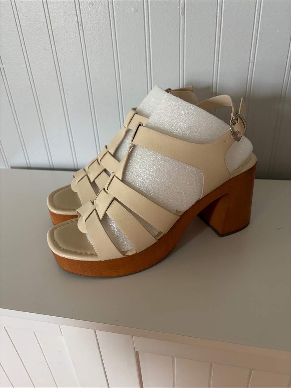 Women's Cream Strappy Platform Sandals with Wood Block Heel